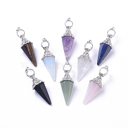 Natural & Synthetic Mixed Gemstone Pendants, Cone Pendulum Pendants, with Platinum Tone Brass Findings, 57~60x17mm, Hole: 8x4mm(G-G815-A)