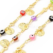 Glass Flat Round with Enamel Evil Eye Beaded Chains, with Real 18K Gold Plated Brass Coin Charms Chains Link Chain, Lead Free & Cadmium Free, Soldered, with Spool, Colorful, 19x6x3mm, 13x5x1mm(CHC-G017-23G-01)