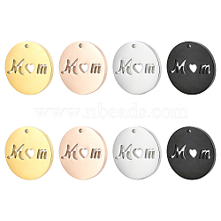 PandaHall Elite 8Pcs 4 Colors Mother's Day Ion Plating(IP) 304 Stainless Steel Pendants, Flat Round with Hollow Word Mom, Mixed Color, 20x1.3mm, Hole: 2mm, 2pcs/color(STAS-PH0003-95)