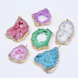 Natural Geode Agate Big Pendants, Dyed, with Brass Findings, Golden, Nuggets, Mixed Color, 56~82x42~67x9~10mm, Hole: 5x8mm(G-P242-01)