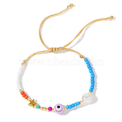 Summer Theme Glass Seed Bead Braided Bracelets, with Synthetic Non-magnetic Hematite and Plastic Imitation Pearl Bead, Star & Evil Eye, Colorful(EQ7882)