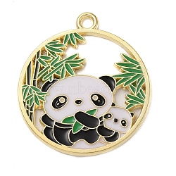 Alloy Enamel Pendant, Golden, Flat Round with Panda Charm, White, 28x25x1mm, Hole: 2mm(PALLOY-Q452-02G)