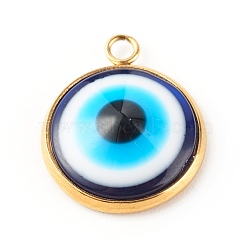 Resin Evil Eye Pendants, with PVD Vacuum Plating 304 Stainless Steel Settings, Golden, 16.5x14x4.5mm, Hole: 2.3mm(PALLOY-JF00774-01)