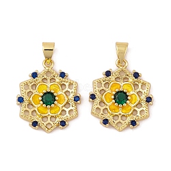 Brass Micro Pave Cubic Zirconia Pendants, with Glass and Enamel, Real 18K Gold Plated, Flower Charms, Gold, 26.5x18x4mm, Hole: 5.5x3.5mm(KK-E108-18G)