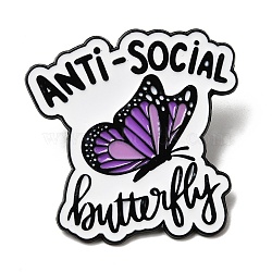 Butterfly with Word Enamel Pins, Alloy Lapel Pin Backs for Backpack Clothes, Black, Purple, 35x35mm(JEWB-L026-10EB-02)