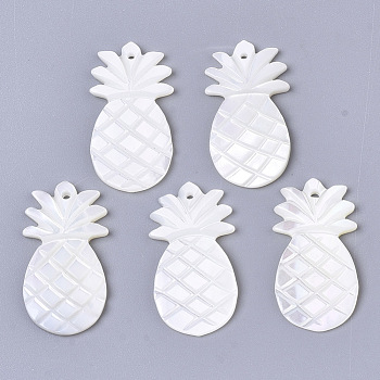 Natural White Shell Mother of Pearl Shell, Pineapple, Seashell Color, 25x13~14x2mm, Hole: 1.2mm