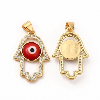 Rack Plating Brass Micro Pave Clear Cubic Zirconia Pendants, with Handmade Evil Eye Lampwork, Cadmium Free & Lead Free, Long-Lasting Real 18K Gold Plated, Hamsa Hand Charm, Red, 25.5x17x4mm, Hole: 5.5x3.5mm