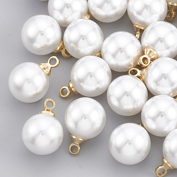 ABS Plastic Imitation Pearl Charms, with Brass Findings, Round, Real 18K Gold Plated, 13.5x9.5x9.5mm, Hole: 1.6mm