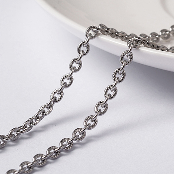 304 Stainless Steel Textured Cable Chains, Unwelded, with Spool, Stainless Steel Color, 4x3x0.8mm, about 32.8 Feet(10m)/roll