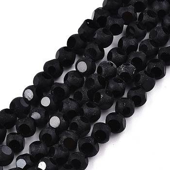 Transparent Glass Beads Strands, Faceted(6 Facets), Frosted Round, Black, 4.5x4mm, Hole: 1mm, about 88~100pcs/strand, 14.57 inch~15.75 inch(37~40cm)