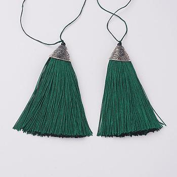 Nylon Tassels Big Pendant Decorations, with CCB Plastic, Antique Silver, Dark Green, 85x20x10.5mm