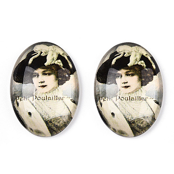 Glass Cabochons, with European Style Pattern, Oval, Beige, 25x18x6mm