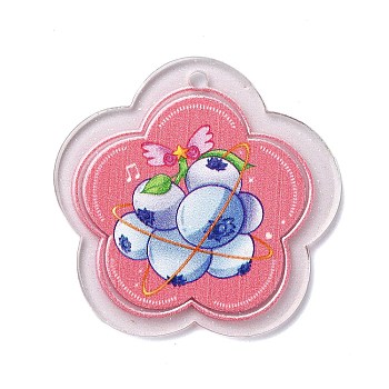 Transparent Printed Acrylic Pendants, Flower, Blueberry, 37x38x2.5mm, Hole: 2mm