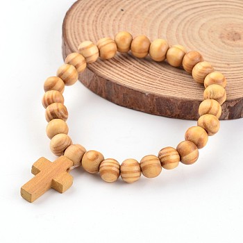 Cross Wood Beaded Stretch Charm Bracelets, BurlyWood, 2-1/8 inch(5.5cm)