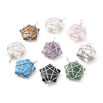Natural & Synthetic Gemstone Pendants, with Platinum Tone Copper Wire Wrapped, Cadmium Free & Lead Free, Mixed Dyed and Undyed, Star, 37~41x29~31x9~11mm, Hole: 4.5~6mm