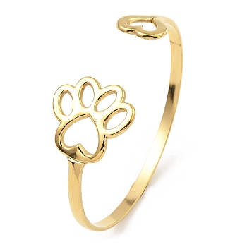 304 Stainless Steel Cuff Bangles, Paw Print with Heart, Golden, Inner Diameter: 2-3/8 inch(5.9cm)
