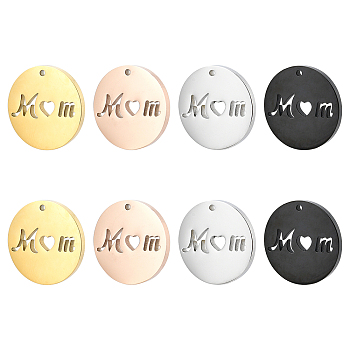 PandaHall Elite 8Pcs 4 Colors Mother's Day Ion Plating(IP) 304 Stainless Steel Pendants, Flat Round with Hollow Word Mom, Mixed Color, 20x1.3mm, Hole: 2mm, 2pcs/color