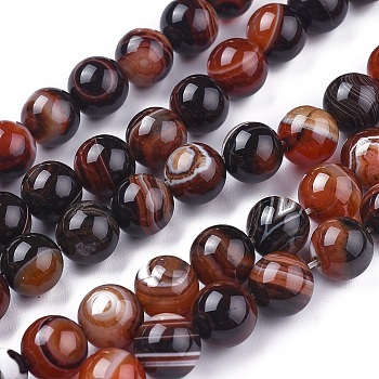 Natural Striped Agate/Banded Agate Beads Strands, Dyed & Heated, Round, Coconut Brown, 10mm, Hole: 1.4mm, about 37pcs/strand, 15 inch(38cm)