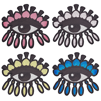 4Pcs 4 Colors Big Eye Glitter Computerized Embroidery Cloth Iron on/Sew on Patches, Sequin Appliques, Costume Accessories, Mixed Color, 24.5x24x0.1cm, 1pc/color