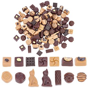 112Pcs 14 Styles Chocolate Opaque Resin Decoden Cabochons, Imitation Food, Mixed Color, Square & Rectangle, Mixed Shapes, 3.5~30.5x3.5~18.5x3~14.5mm, 8pcs/style