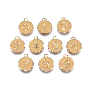 Light Gold Plated Alloy Enamel Charms, Enamelled Sequins, Flat Round with Number, Number 0~9, Navajo White, 14.5x12x2.5mm, Hole: 1.4mm, 10pcs/set