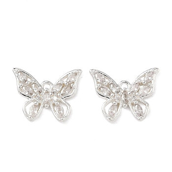Brass Micro Pave Clear Cubic Zirconia Charms, Butterfly Charms, 925 Sterling Silver Plated, 11x14.5x2.5mm, Hole: 1.2mm