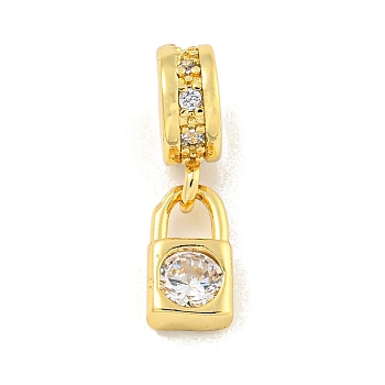 Brass Micro Pave Clear Cubic Zirconia Pendants, Real 18K Gold Plated, Lock, 17x5x3.5mm, Hole: 2mm