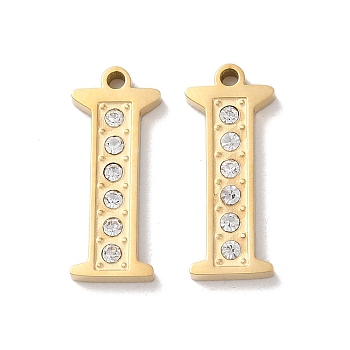 Real 14K Gold Plated 304 Stainless Steel Pendants, with Rhinestone, Letter I, 18x7.5x2mm, Hole: 1.2mm