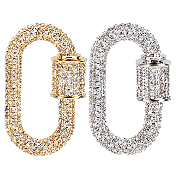 WADORN 2Pcs 2 Colors Brass Micro Pave Clear Cubic Zirconia Screw Carabiner Lock Charms, for Necklaces Making, Oval, Platinum & Golden, 29~30x17.5x7.5~8mm, 1pc/color