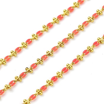 Brass Enamel Link Chains, wiht Spool, Long-Lasting Plated, Soldered, Lead Free & Cadmium Free, Salmon, Links: 9x4.5x2mm