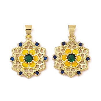 Brass Micro Pave Cubic Zirconia Pendants, with Glass and Enamel, Real 18K Gold Plated, Flower Charms, Gold, 26.5x18x4mm, Hole: 5.5x3.5mm