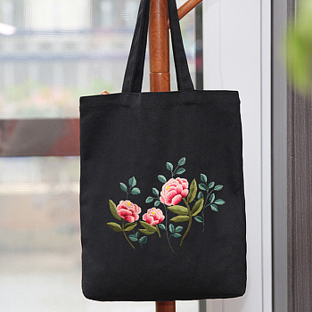 DIY Peony Pattern Tote Bag Embroidery Kit, including Embroidery Needles & Thread, Cotton Fabric, Plastic Embroidery Hoop, Black, 390x340mm