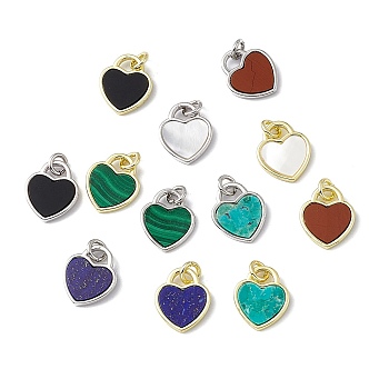 Natural Mixed Stone Heart Charms, with Rack Plating Platinum & Golden Tone Brass Findings, Cadmium Free & Lead Free, 14x12x2mm, Hole: 3mm