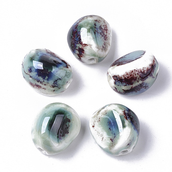 Handmade Porcelain Beads, Fancy Antique Glazed Porcelain, Garlic Clove, Turquoise, 18~21x16~18.5x14~15mm, Hole: 2~2.5mm