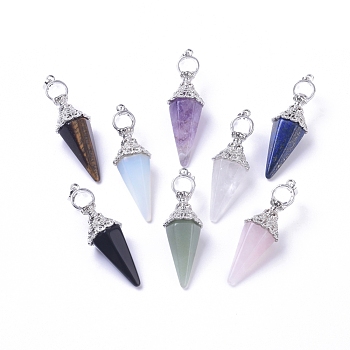 Natural & Synthetic Mixed Gemstone Pendants, Cone Pendulum Pendants, with Platinum Tone Brass Findings, 57~60x17mm, Hole: 8x4mm