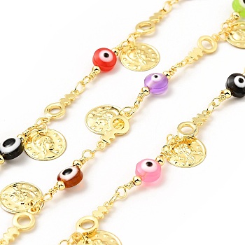 Glass Flat Round with Enamel Evil Eye Beaded Chains, with Real 18K Gold Plated Brass Coin Charms Chains Link Chain, Lead Free & Cadmium Free, Soldered, with Spool, Colorful, 19x6x3mm, 13x5x1mm