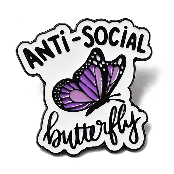 Butterfly with Word Enamel Pins, Alloy Lapel Pin Backs for Backpack Clothes, Black, Purple, 35x35mm