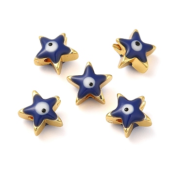 Golden Tone Brass Enamel Beads, Cadmium Free & Lead Free, Long-Lasting Plated, Star with Evil Eye, Prussian Blue, 8x8x5mm, Hole: 1.4mm