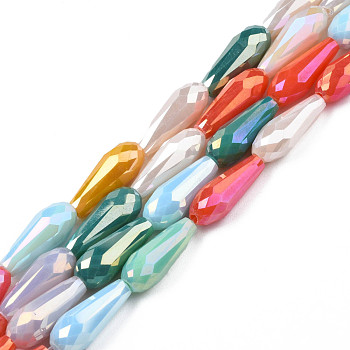 Electroplate Glass Beads Strands, AB Color Plated, Faceted, Teardrop, Colorful, 14.5~15.5x6mm, Hole: 1mm, about 50Pcs/strand, 29.33 inch(74.5cm)