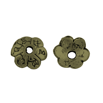 6-Petal Tibetan Style Alloy Flower Bead Caps, Cadmium Free & Nickel Free & Lead Free, Antique Bronze, 6x2mm, Hole: 1mm