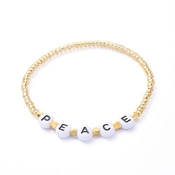 Glass Seed Beads Stretch Bracelets, with Acrylic Beads and Golden Plated Brass Spacer Beads, Word Peace, Gold, Inner Diameter: 2-1/4 inch(5.6cm)