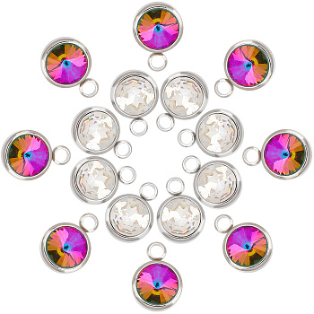 DICOSMETIC 16Pcs 2 Color Glass Charms, Faceted, with 304 Stainless Steel Findings, Flat Round, Mixed Color, 14x10x6.5mm, Hole: 2.5mm, 8pcs/color