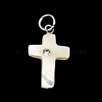 Natural White Shell & Crystal Rhinestone Pendants, with 304 Stainless Steel Jump Ring, White, Stainless Steel Color, Cross Charm, 21x13x5mm, Hole: 4mm(SH-CBAC52B-01D)
