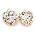 Brass Micro Pave Cubic Zirconia Charms, Cadmium Free & Nickel Free & Lead Free, with Glass, Heart, Real 18K Gold Plated, 12x10x4.7mm, Hole: 1.4mm(KK-E090-05G)