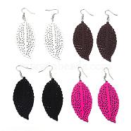 Trendy Leaf Wood Dangle Earrings, with Platinum Tone Alloy Earring Hooks, Mixed Color, 78~80x28~30mm, pin: 0.8mm(EJEW-F062-D)