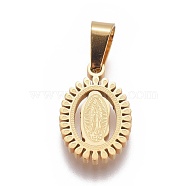 304 Stainless Steel Lady of Guadalupe Pendants, Oval with Virgin Mary, Golden, 17x11x2mm, Hole: 4x6mm(STAS-F223-21G-A)