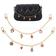 WADORN 2Pcs 2 Style Christmas Themed Brass Chain Bag Handles, with Swivel Clasps & Alloy Enamel Pendant, Bell/Tree, Mixed Patterns, 32.2cm, Pendant: 17~30x11~17.5x1.5~4.5mm, 1pc/style(FIND-WR0006-74)