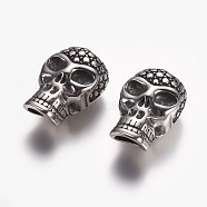 304 Stainless Steel Magnetic Clasps with Glue-in Ends, Skull, Antique Silver, 28x18x15mm, Hole: 10mm(STAS-K122-21)