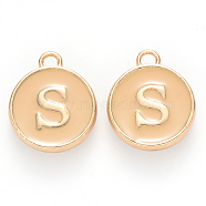 Golden Plated Alloy Enamel Charms, Cadmium Free & Lead Free, Enamelled Sequins, Flat Round with Letter, Wheat, Letter.S, 14x12x2mm, Hole: 1.5mm(X-ENAM-S118-06S)