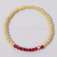 Colorful Birthstone Faceted Bicone & Brass Beaded Stretch Bracelets for Women, Dark Red, 6-7/8 inch(17.5cm)(RJ7989-1)